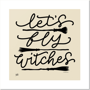 Funny Witch Flying Brooms Halloween Let's Fly Witches Posters and Art